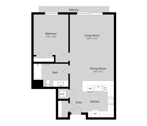 Floor plan for 1 bed, 1 bath, 780 sqft